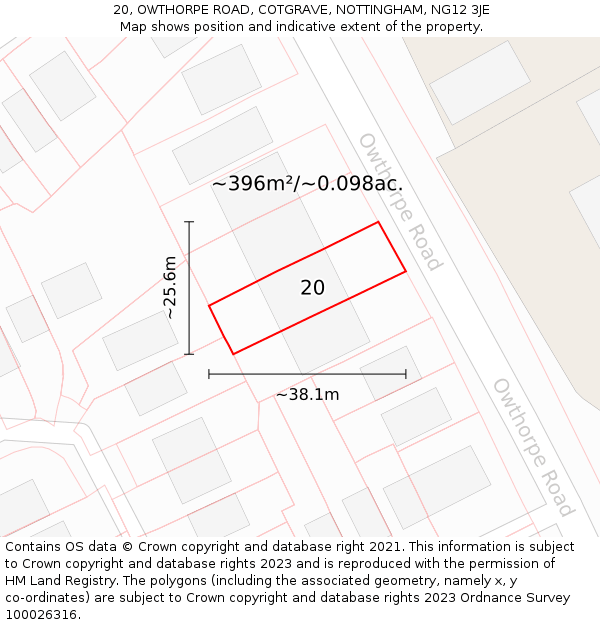 20, OWTHORPE ROAD, COTGRAVE, NOTTINGHAM, NG12 3JE: Plot and title map