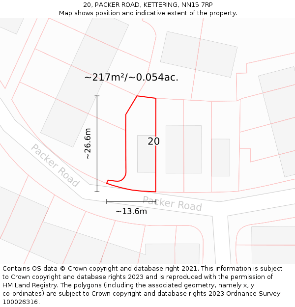 20, PACKER ROAD, KETTERING, NN15 7RP: Plot and title map