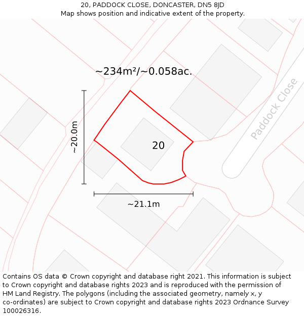 20, PADDOCK CLOSE, DONCASTER, DN5 8JD: Plot and title map