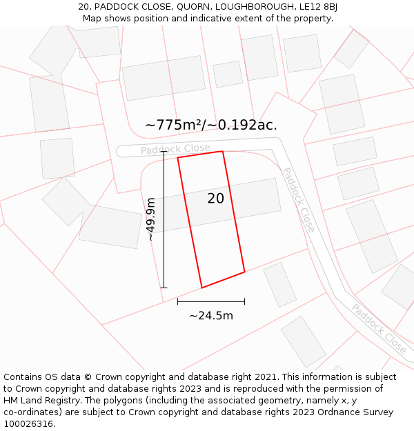20, PADDOCK CLOSE, QUORN, LOUGHBOROUGH, LE12 8BJ: Plot and title map