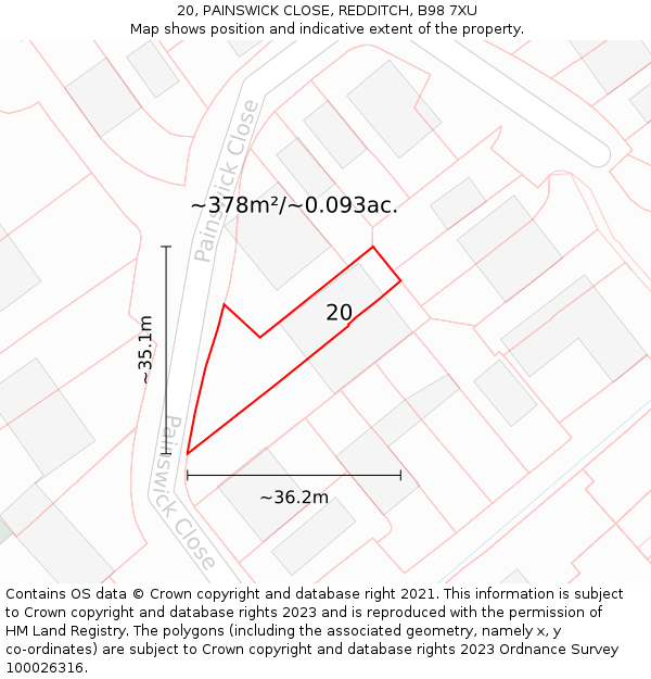 20, PAINSWICK CLOSE, REDDITCH, B98 7XU: Plot and title map