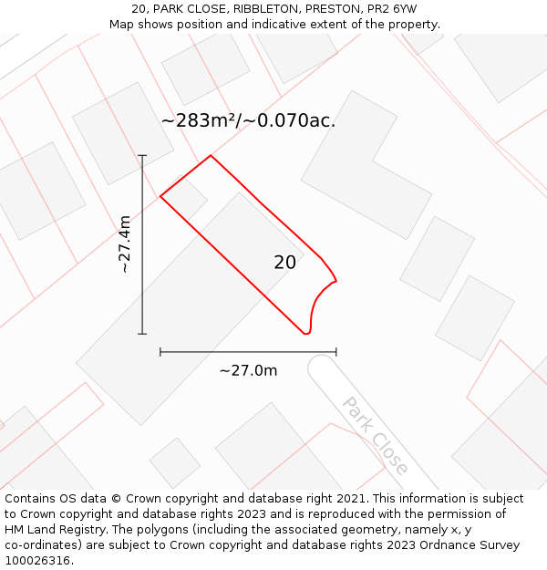 20, PARK CLOSE, RIBBLETON, PRESTON, PR2 6YW: Plot and title map