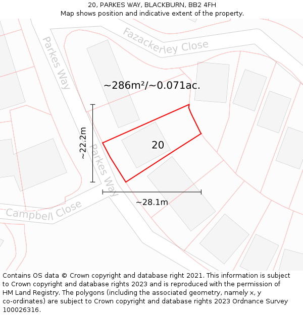 20, PARKES WAY, BLACKBURN, BB2 4FH: Plot and title map