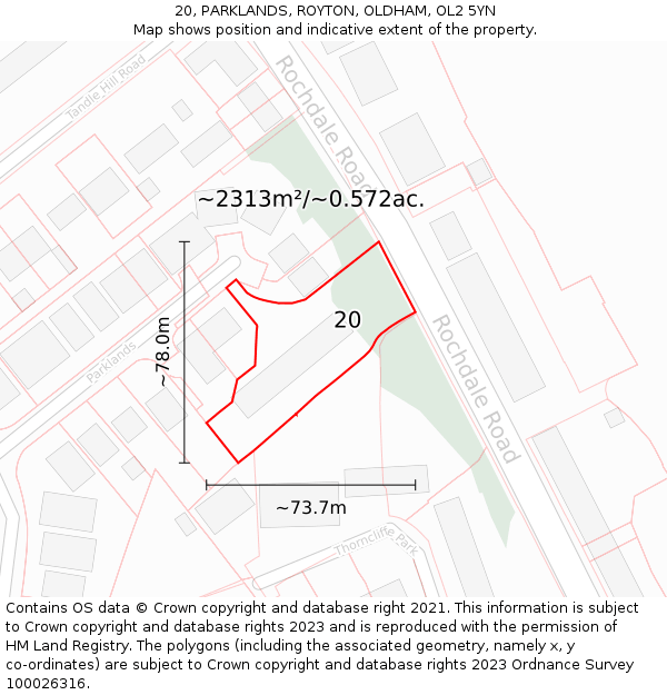 20, PARKLANDS, ROYTON, OLDHAM, OL2 5YN: Plot and title map