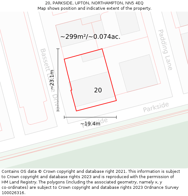 20, PARKSIDE, UPTON, NORTHAMPTON, NN5 4EQ: Plot and title map