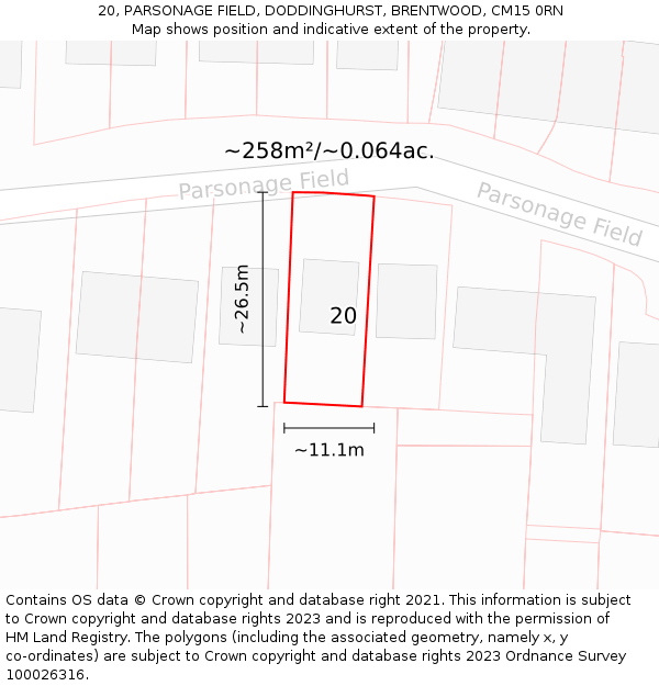 20, PARSONAGE FIELD, DODDINGHURST, BRENTWOOD, CM15 0RN: Plot and title map
