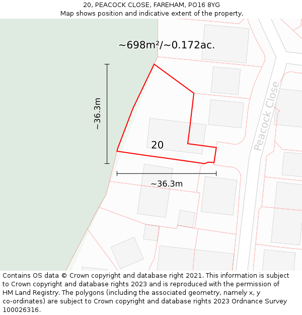20, PEACOCK CLOSE, FAREHAM, PO16 8YG: Plot and title map