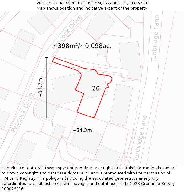 20, PEACOCK DRIVE, BOTTISHAM, CAMBRIDGE, CB25 9EF: Plot and title map