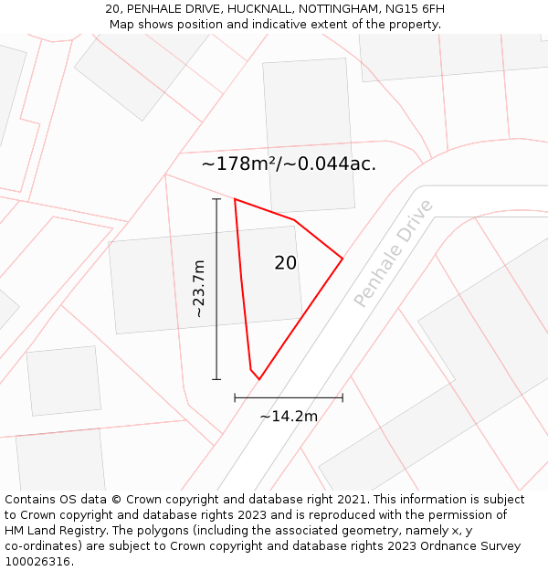 20, PENHALE DRIVE, HUCKNALL, NOTTINGHAM, NG15 6FH: Plot and title map