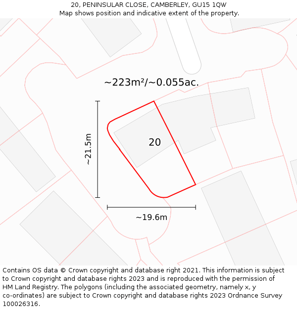 20, PENINSULAR CLOSE, CAMBERLEY, GU15 1QW: Plot and title map