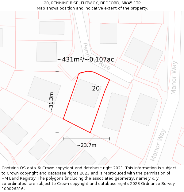 20, PENNINE RISE, FLITWICK, BEDFORD, MK45 1TP: Plot and title map