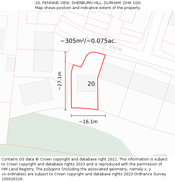 20, PENNINE VIEW, SHERBURN HILL, DURHAM, DH6 1QN: Plot and title map