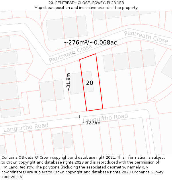 20, PENTREATH CLOSE, FOWEY, PL23 1ER: Plot and title map