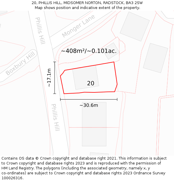 20, PHILLIS HILL, MIDSOMER NORTON, RADSTOCK, BA3 2SW: Plot and title map