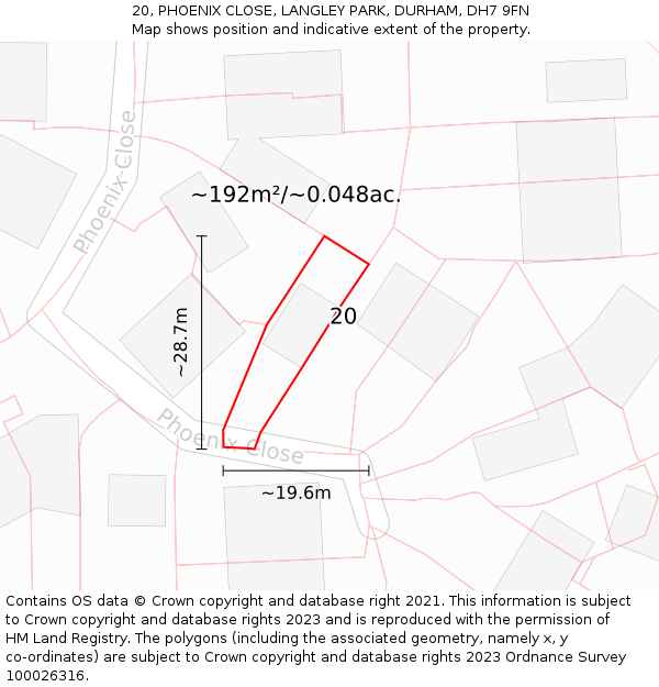 20, PHOENIX CLOSE, LANGLEY PARK, DURHAM, DH7 9FN: Plot and title map