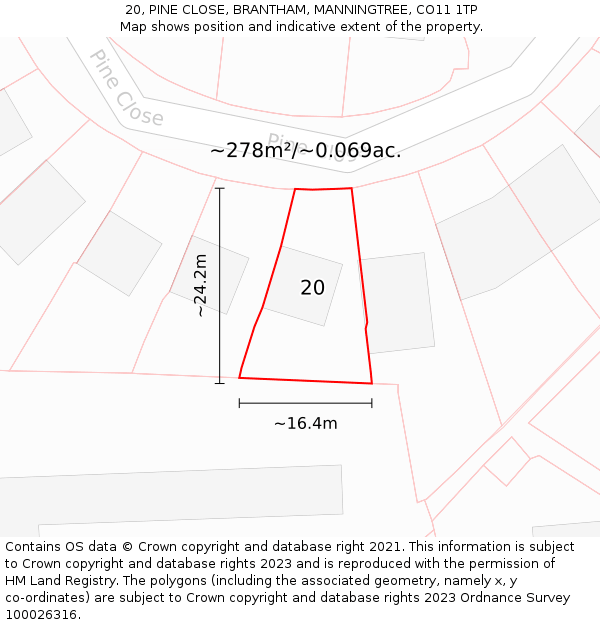 20, PINE CLOSE, BRANTHAM, MANNINGTREE, CO11 1TP: Plot and title map