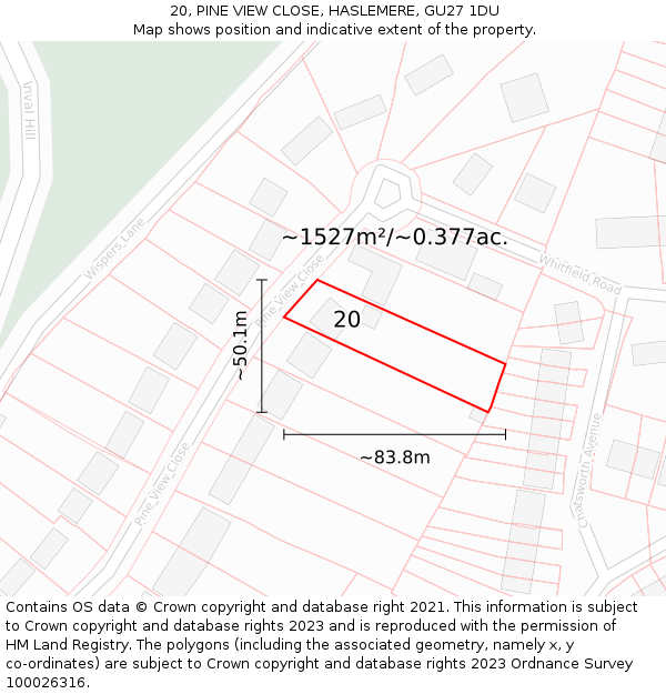 20, PINE VIEW CLOSE, HASLEMERE, GU27 1DU: Plot and title map