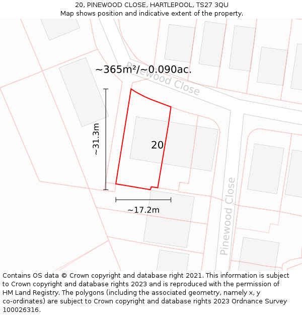 20, PINEWOOD CLOSE, HARTLEPOOL, TS27 3QU: Plot and title map