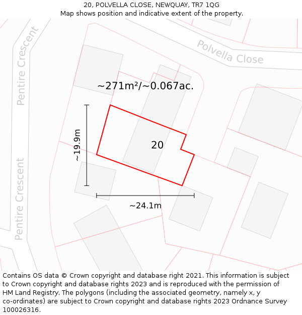 20, POLVELLA CLOSE, NEWQUAY, TR7 1QG: Plot and title map