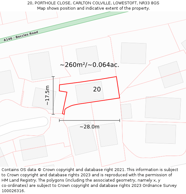 20, PORTHOLE CLOSE, CARLTON COLVILLE, LOWESTOFT, NR33 8GS: Plot and title map