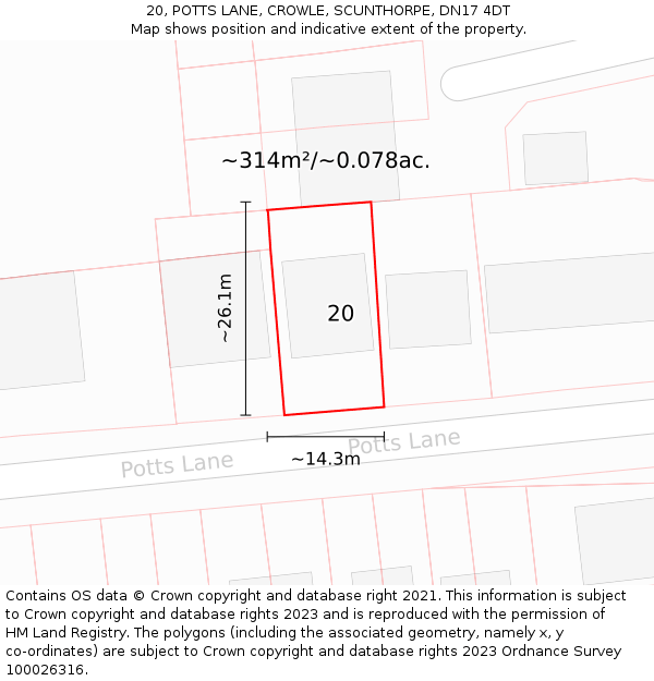 20, POTTS LANE, CROWLE, SCUNTHORPE, DN17 4DT: Plot and title map