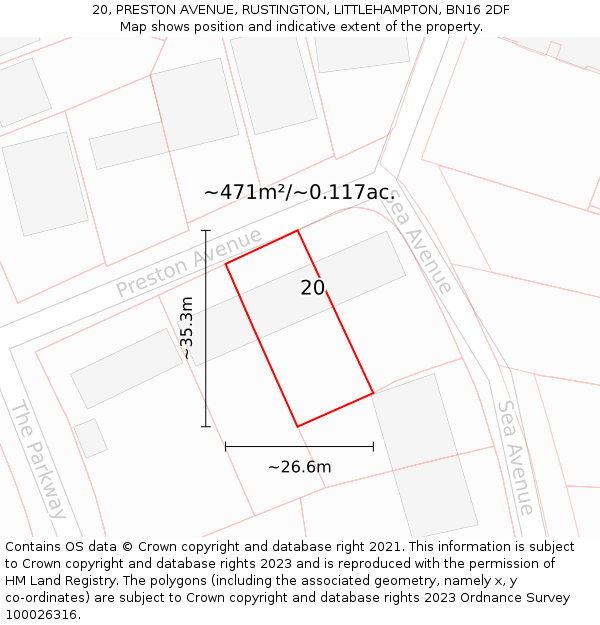 20, PRESTON AVENUE, RUSTINGTON, LITTLEHAMPTON, BN16 2DF: Plot and title map