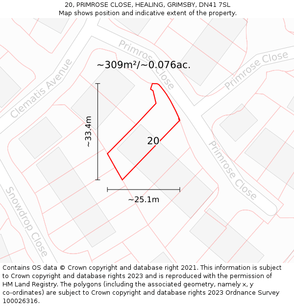 20, PRIMROSE CLOSE, HEALING, GRIMSBY, DN41 7SL: Plot and title map