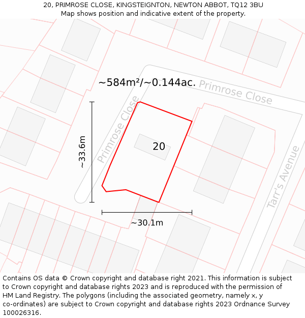 20, PRIMROSE CLOSE, KINGSTEIGNTON, NEWTON ABBOT, TQ12 3BU: Plot and title map