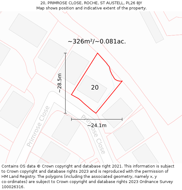 20, PRIMROSE CLOSE, ROCHE, ST AUSTELL, PL26 8JY: Plot and title map