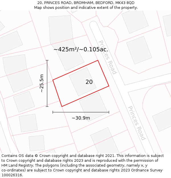 20, PRINCES ROAD, BROMHAM, BEDFORD, MK43 8QD: Plot and title map
