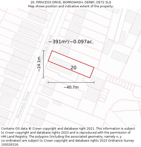 20, PRINCESS DRIVE, BORROWASH, DERBY, DE72 3LQ: Plot and title map