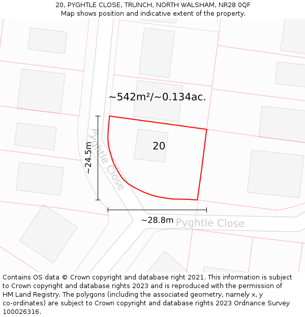 20, PYGHTLE CLOSE, TRUNCH, NORTH WALSHAM, NR28 0QF: Plot and title map