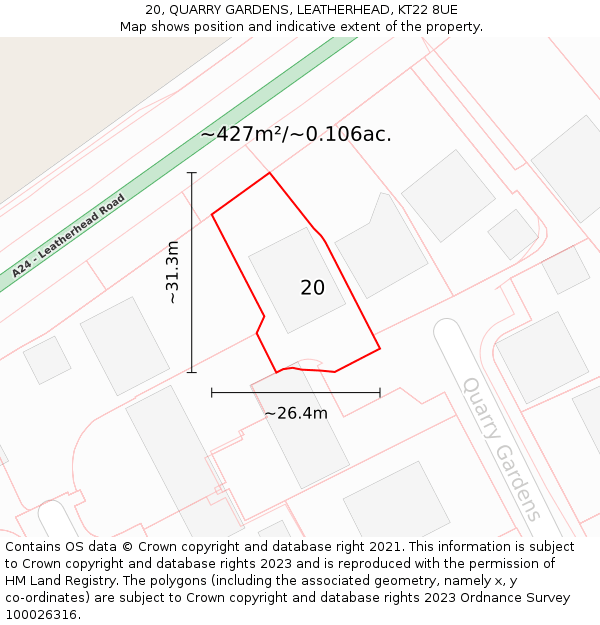 20, QUARRY GARDENS, LEATHERHEAD, KT22 8UE: Plot and title map