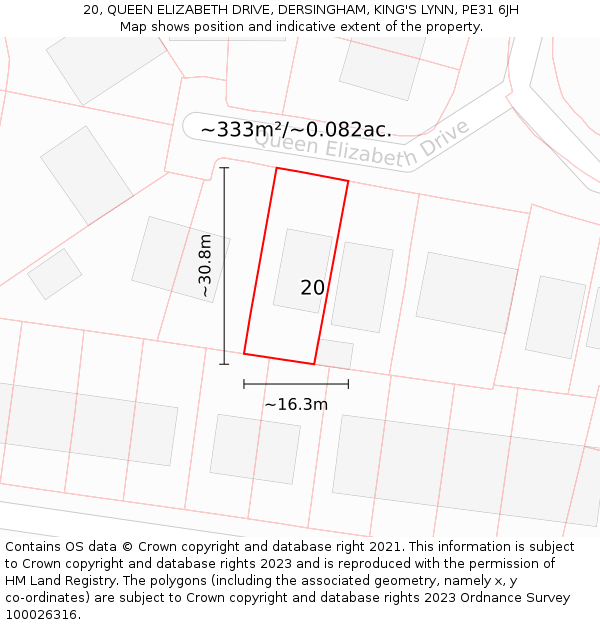 20, QUEEN ELIZABETH DRIVE, DERSINGHAM, KING'S LYNN, PE31 6JH: Plot and title map