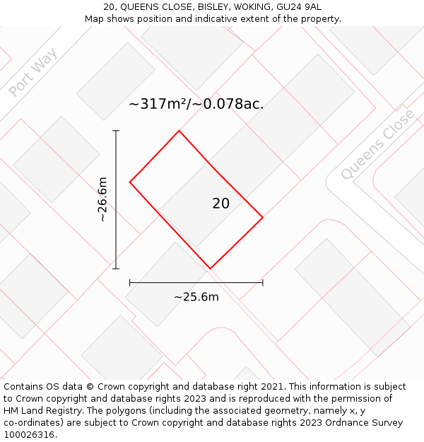20, QUEENS CLOSE, BISLEY, WOKING, GU24 9AL: Plot and title map