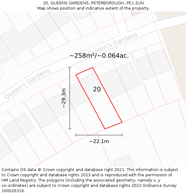 20, QUEENS GARDENS, PETERBOROUGH, PE1 2UN: Plot and title map