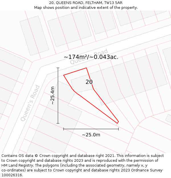 20, QUEENS ROAD, FELTHAM, TW13 5AR: Plot and title map