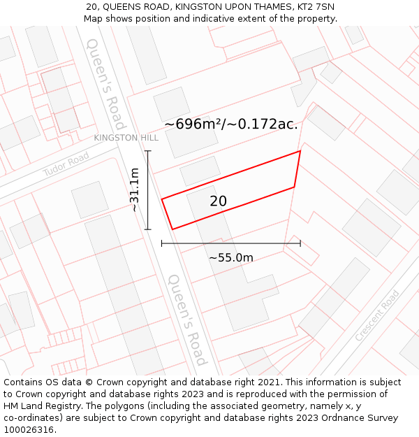 20, QUEENS ROAD, KINGSTON UPON THAMES, KT2 7SN: Plot and title map