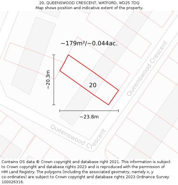 20, QUEENSWOOD CRESCENT, WATFORD, WD25 7DQ: Plot and title map