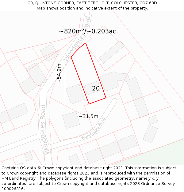 20, QUINTONS CORNER, EAST BERGHOLT, COLCHESTER, CO7 6RD: Plot and title map