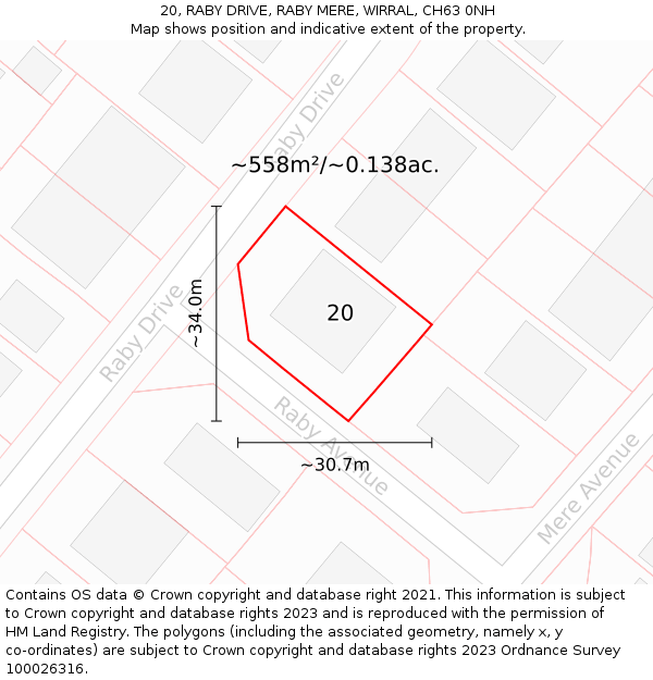 20, RABY DRIVE, RABY MERE, WIRRAL, CH63 0NH: Plot and title map