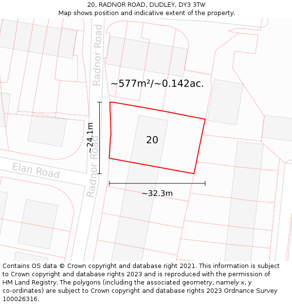 20, RADNOR ROAD, DUDLEY, DY3 3TW: Plot and title map
