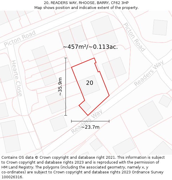 20, READERS WAY, RHOOSE, BARRY, CF62 3HP: Plot and title map