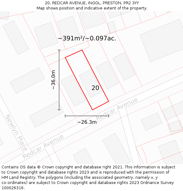 20, REDCAR AVENUE, INGOL, PRESTON, PR2 3YY: Plot and title map