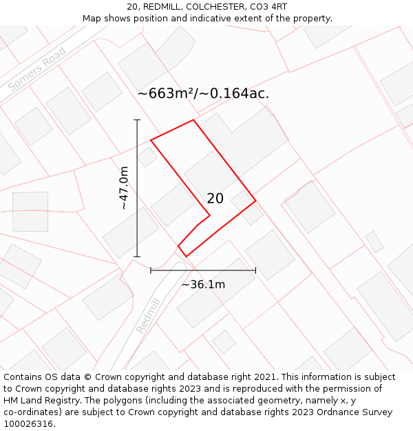 20, REDMILL, COLCHESTER, CO3 4RT: Plot and title map