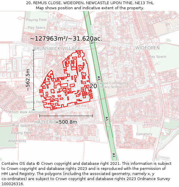 20, REMUS CLOSE, WIDEOPEN, NEWCASTLE UPON TYNE, NE13 7HL: Plot and title map