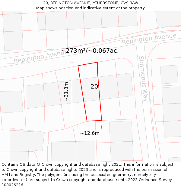 20, REPINGTON AVENUE, ATHERSTONE, CV9 3AW: Plot and title map