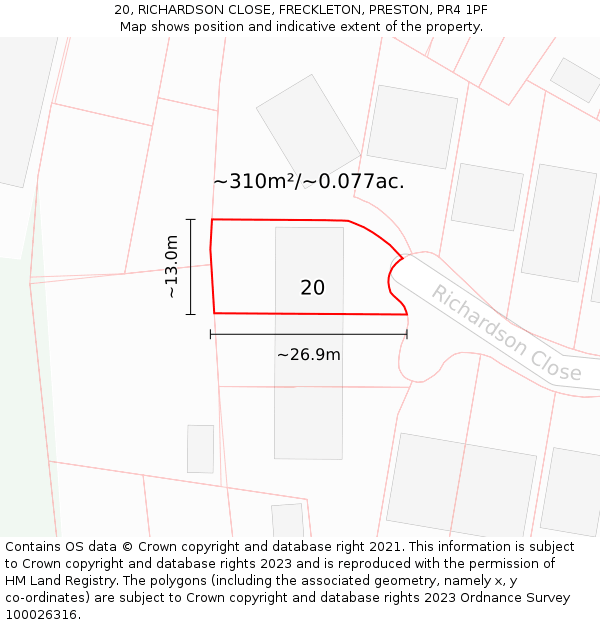 20, RICHARDSON CLOSE, FRECKLETON, PRESTON, PR4 1PF: Plot and title map