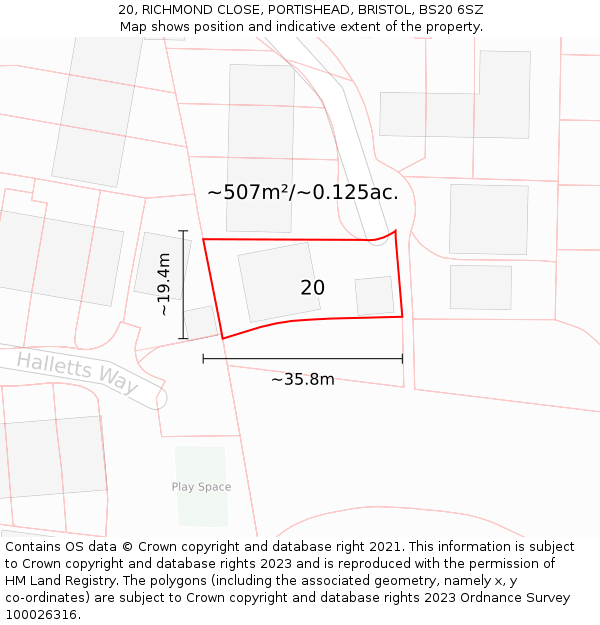 20, RICHMOND CLOSE, PORTISHEAD, BRISTOL, BS20 6SZ: Plot and title map