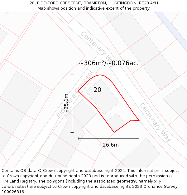 20, RIDDIFORD CRESCENT, BRAMPTON, HUNTINGDON, PE28 4YH: Plot and title map